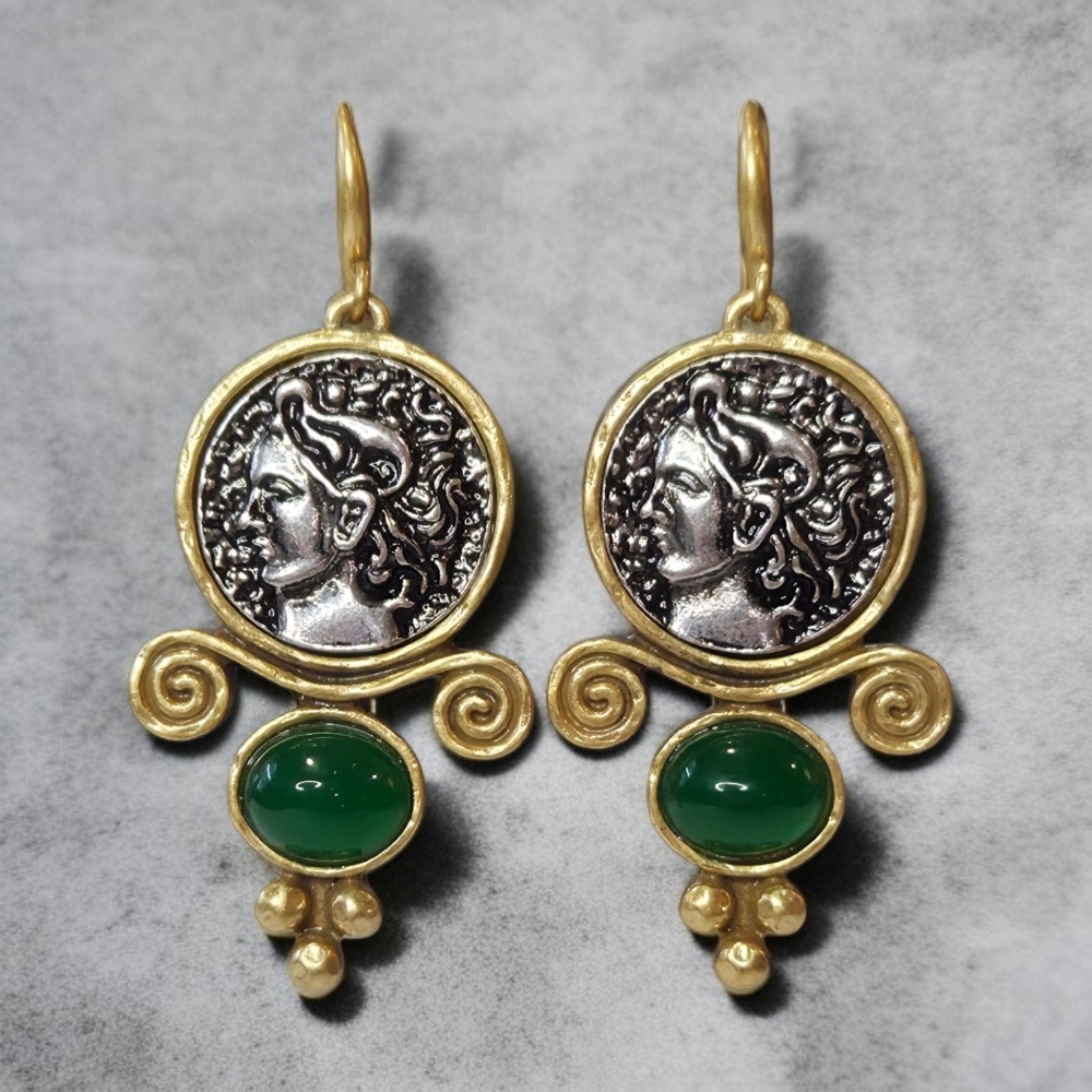 Byzantine 2 Tone Coin Architectural Emerald Cabochon Dangle Earrings
